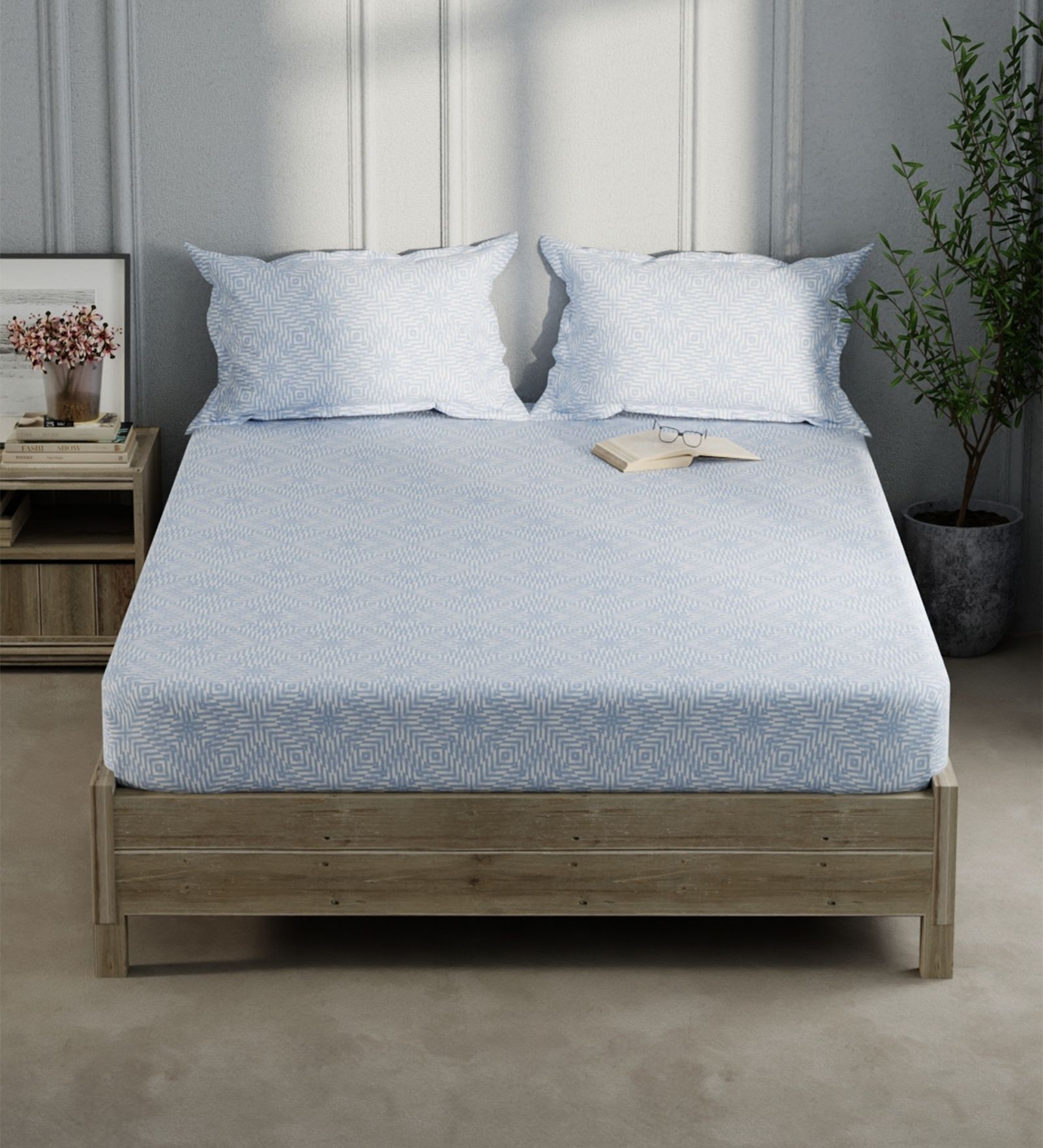 Monkler Powder Blue 100% Cotton Check King Size Bedsheet with 2 Pillow Covers